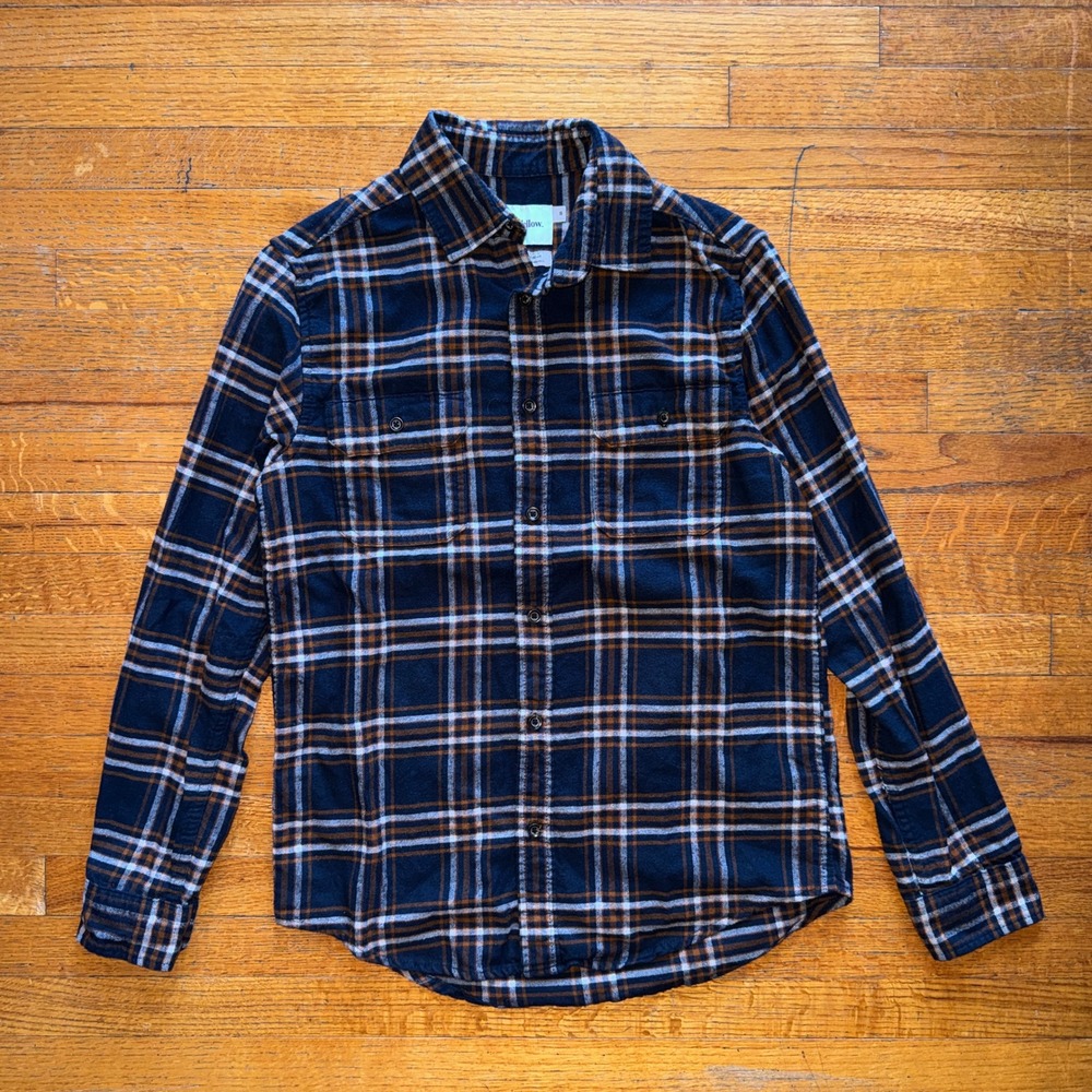 Goodfellow & Co Mens Plaid Flannel Button Down Shirt Navy Blue Brown Small S